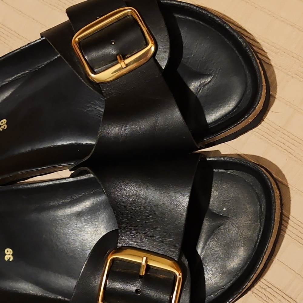 Stockholm Design Group Genuine Leather Black Big Buckle Cork Bed Sandals Size 39 - Picture 2 of 14
